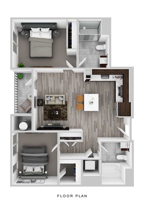 Floor plan for 2 beds, 2 baths, 934 sqft